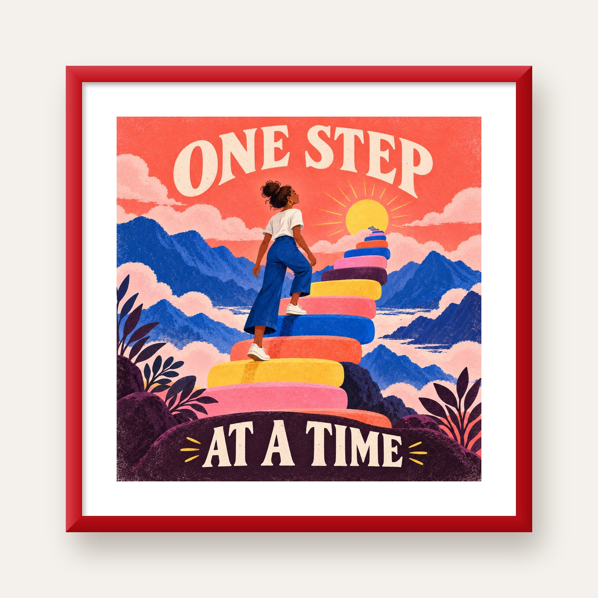Motivasyonel Merdiven ve Güneş Modern Poster - ONE STEP AT A TIME — kırmızı çerçeveli paspartulu