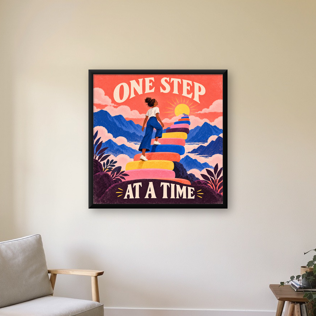 Motivasyonel Merdiven ve Güneş Modern Poster - ONE STEP AT A TIME — Kare baskı, çerçeveli hâliyle bir ev duvarında