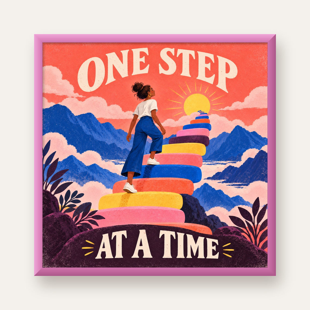 Motivasyonel Merdiven ve Güneş Modern Poster - ONE STEP AT A TIME — pembe çerçeveli