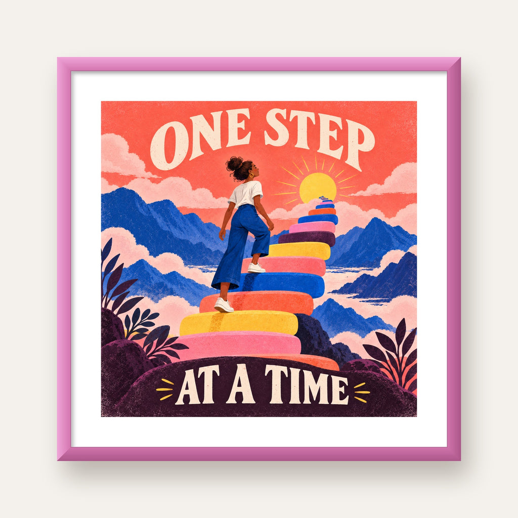 Motivasyonel Merdiven ve Güneş Modern Poster - ONE STEP AT A TIME — pembe çerçeveli paspartulu
