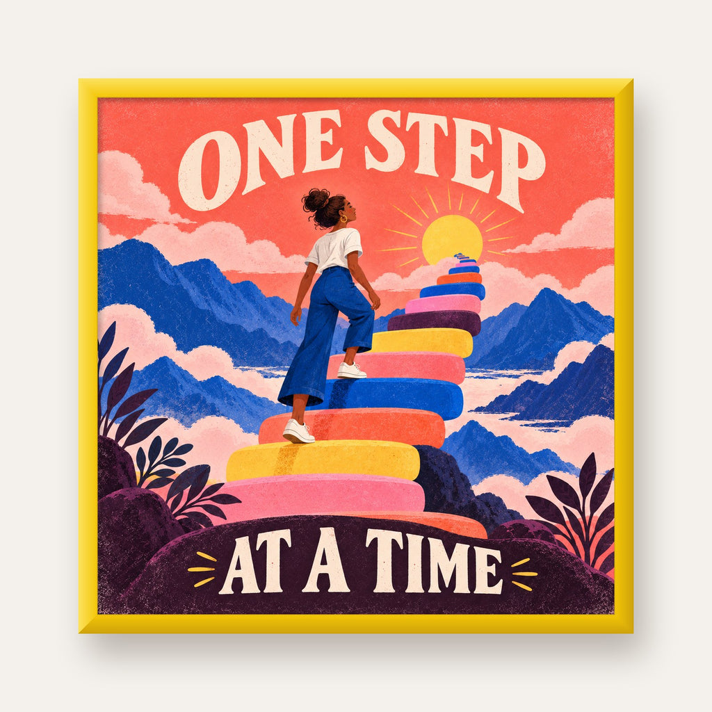 Motivasyonel Merdiven ve Güneş Modern Poster - ONE STEP AT A TIME — sarı çerçeveli