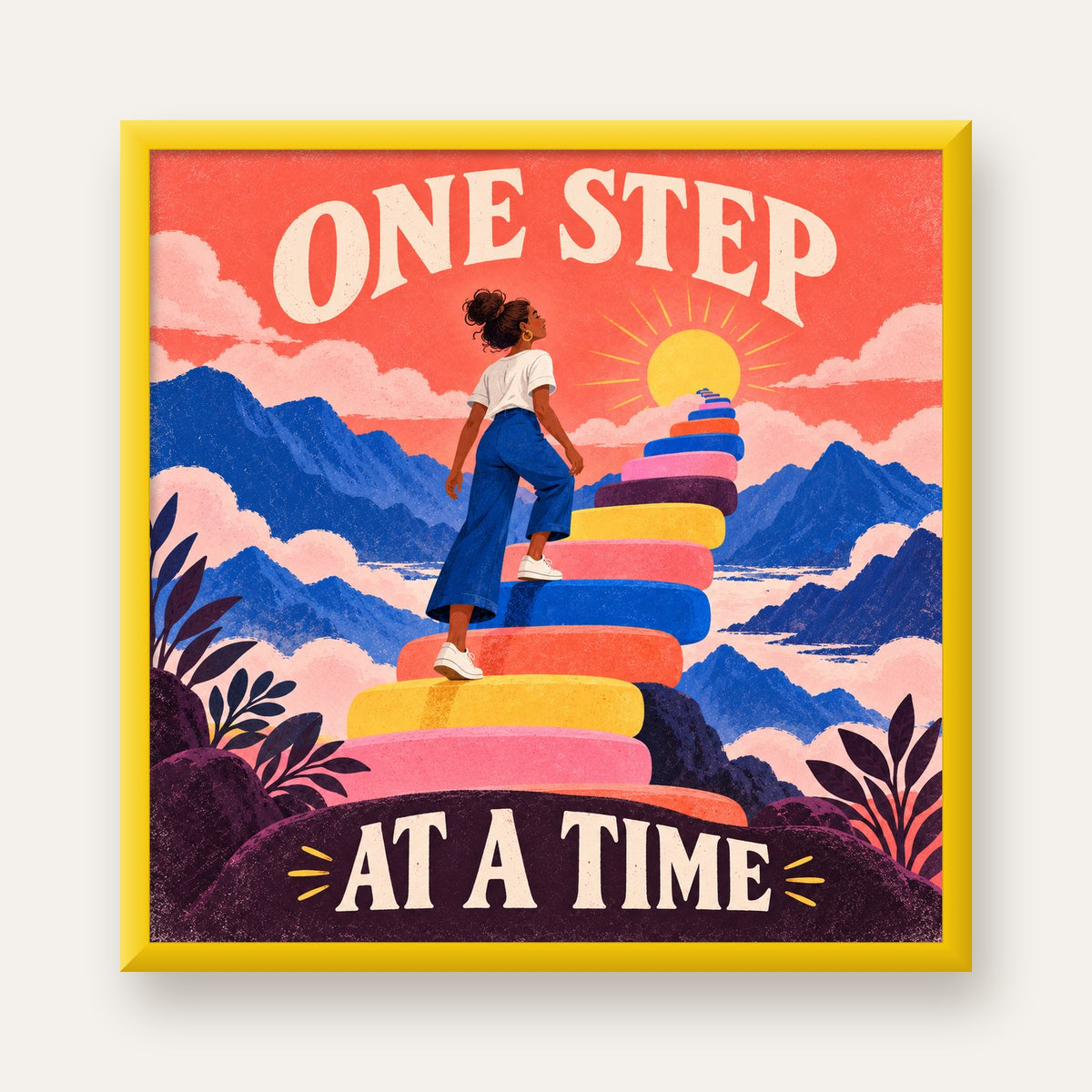 Motivasyonel Merdiven ve Güneş Modern Poster - ONE STEP AT A TIME — sarı çerçeveli