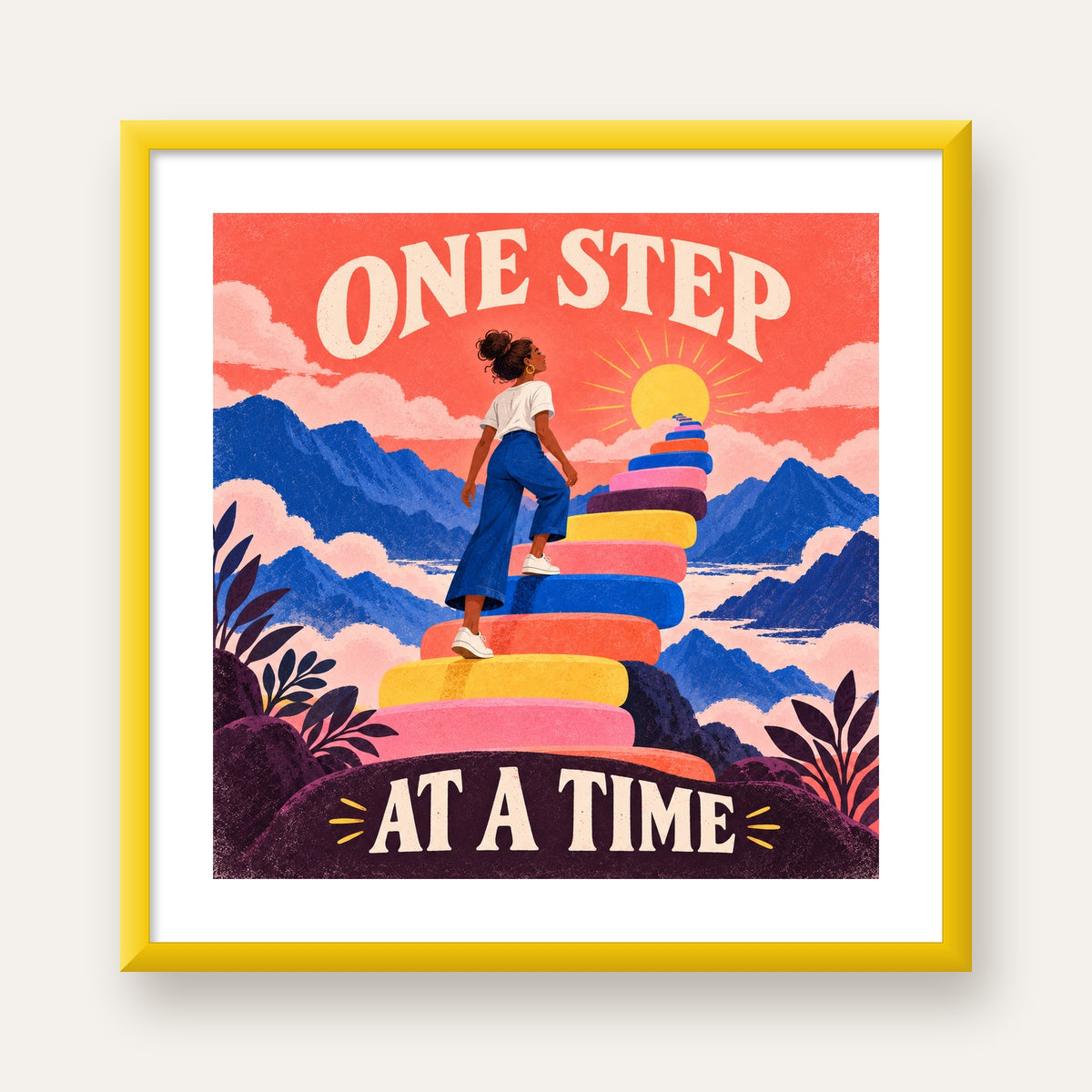 Motivasyonel Merdiven ve Güneş Modern Poster - ONE STEP AT A TIME — sarı çerçeveli paspartulu