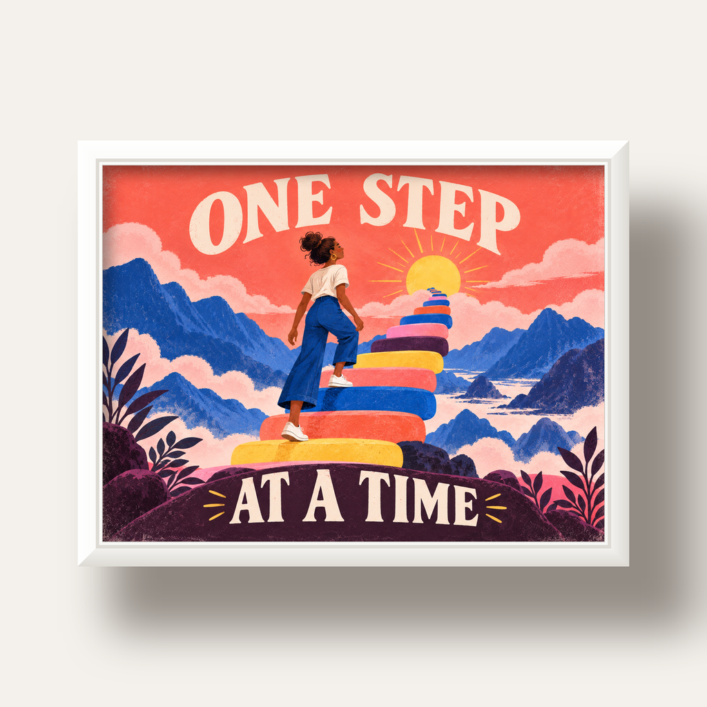 Motivasyonel Merdiven ve Güneş Modern Poster - ONE STEP AT A TIME — beyaz derin çerçeveli