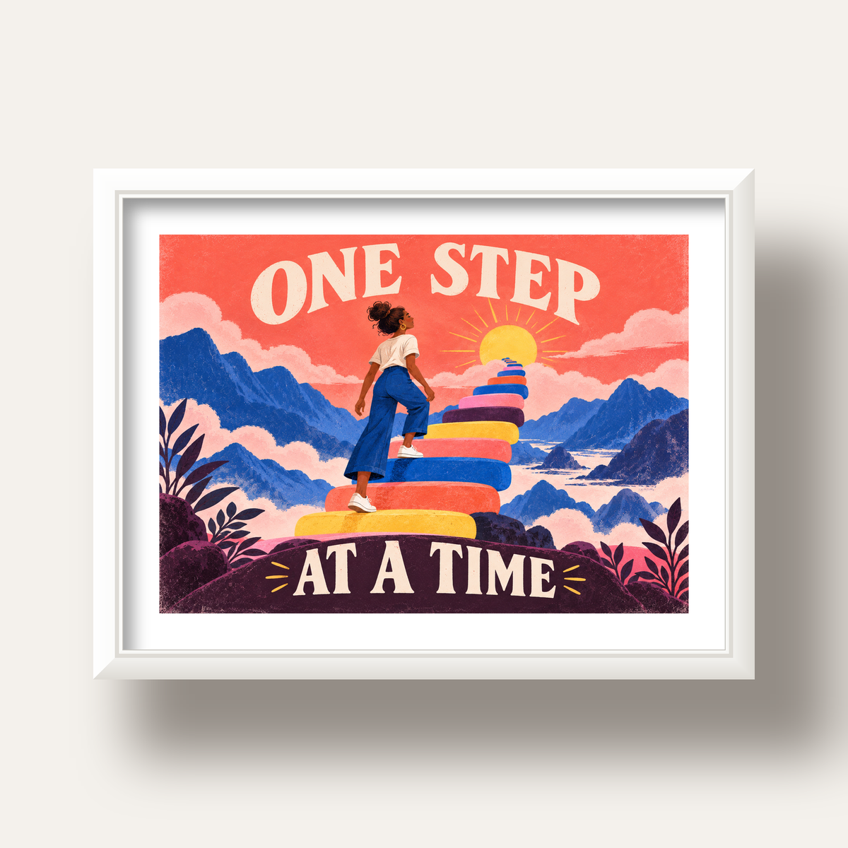Motivasyonel Merdiven ve Güneş Modern Poster - ONE STEP AT A TIME — beyaz derin çerçeveli paspartulu