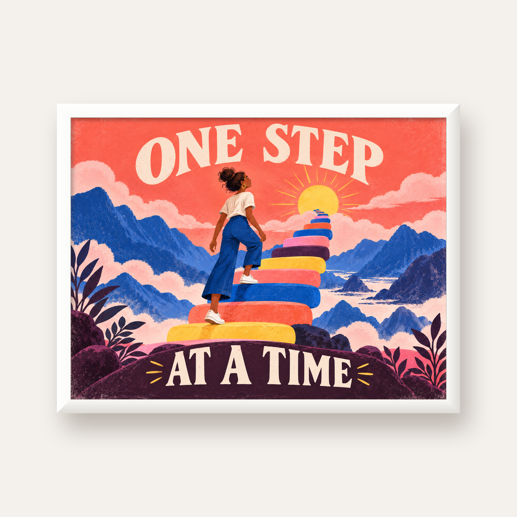 Motivasyonel Merdiven ve Güneş Modern Poster - ONE STEP AT A TIME — beyaz çerçeveli yatay poster