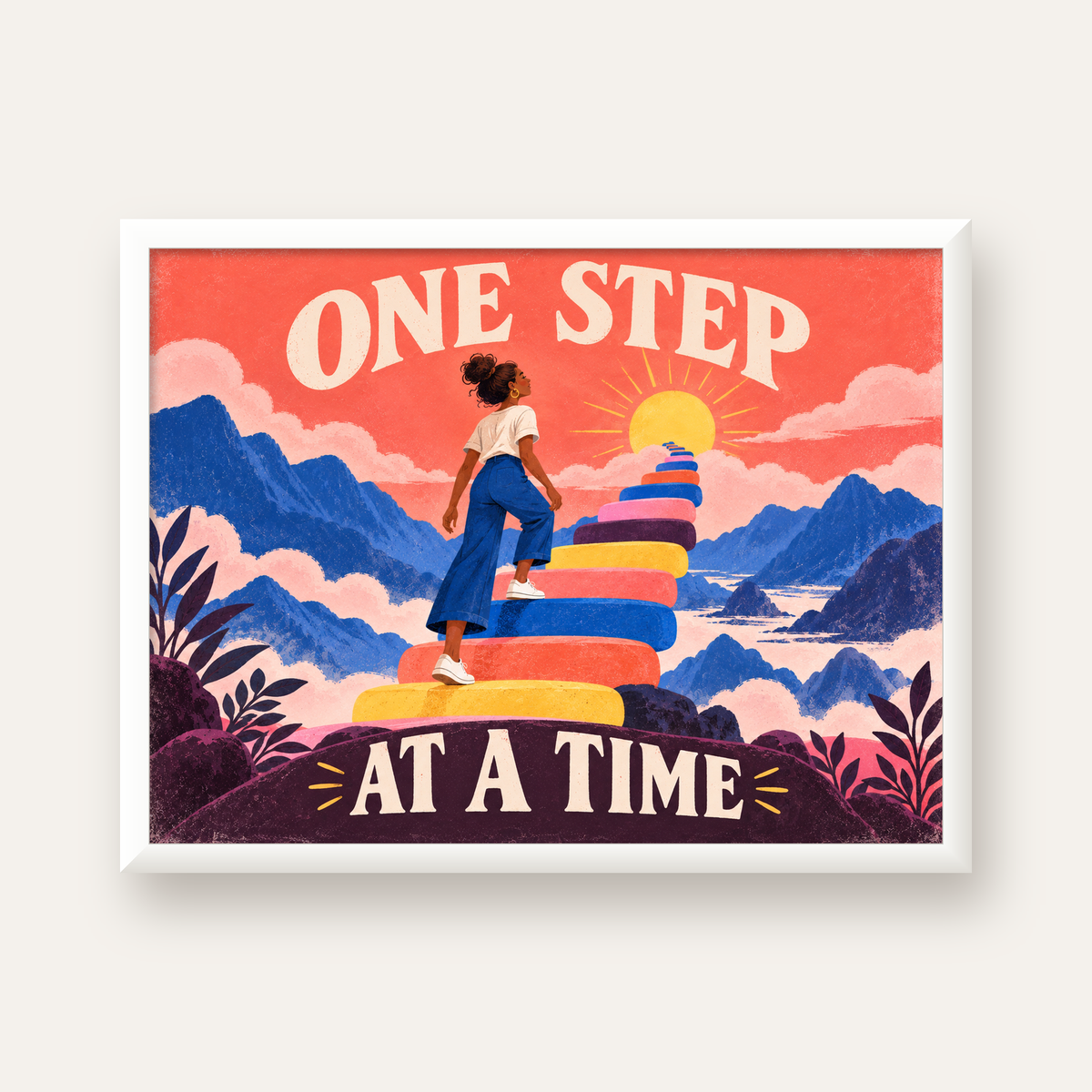 Motivasyonel Merdiven ve Güneş Modern Poster - ONE STEP AT A TIME — beyaz çerçeveli yatay poster