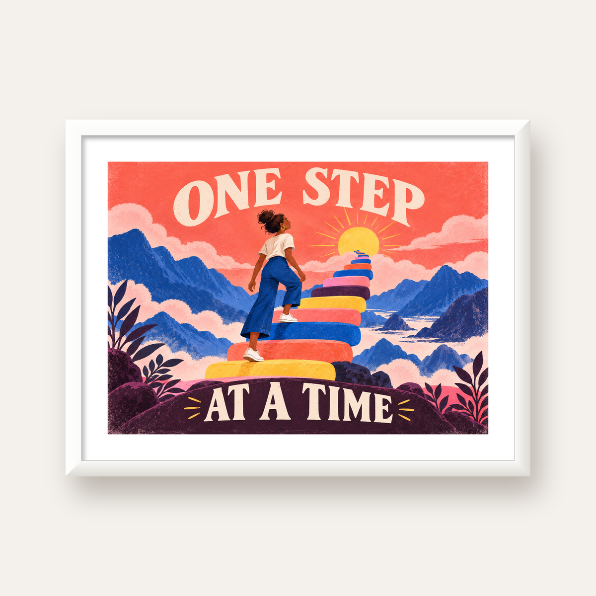 Motivasyonel Merdiven ve Güneş Modern Poster - ONE STEP AT A TIME — beyaz çerçeveli yatay poster