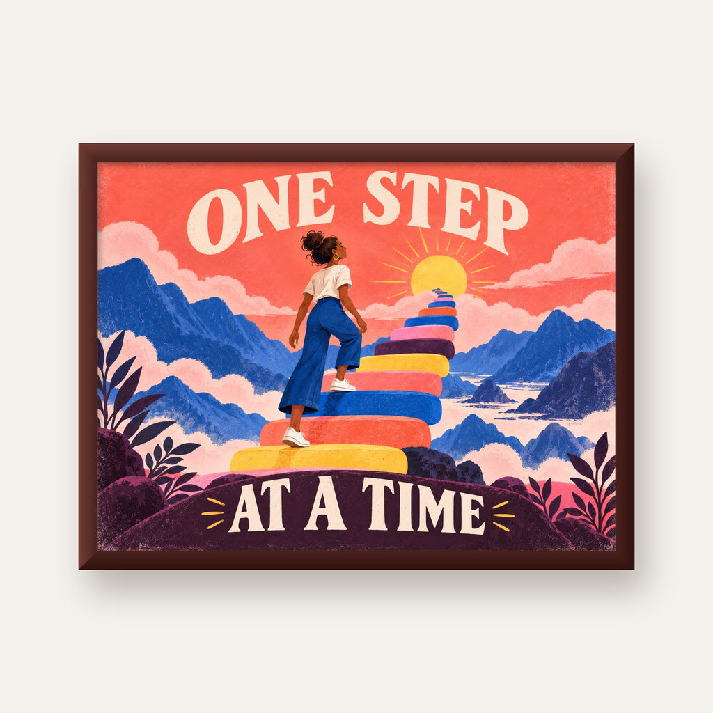 Motivasyonel Merdiven ve Güneş Modern Poster - ONE STEP AT A TIME — ceviz çerçeveli