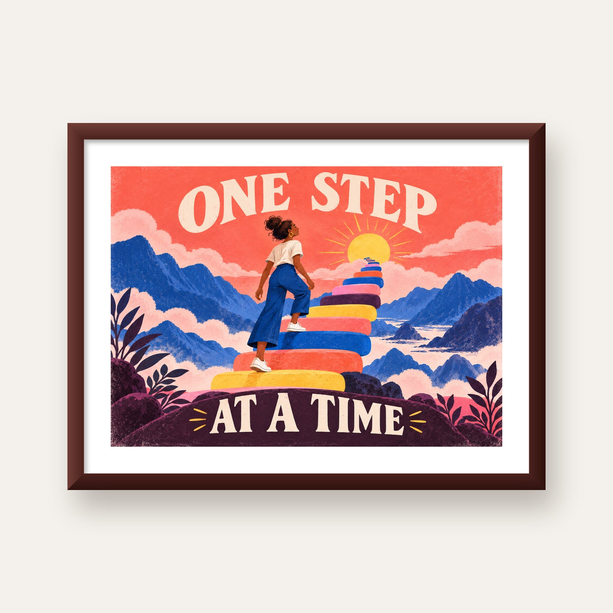 Motivasyonel Merdiven ve Güneş Modern Poster - ONE STEP AT A TIME — ceviz çerçeveli paspartulu