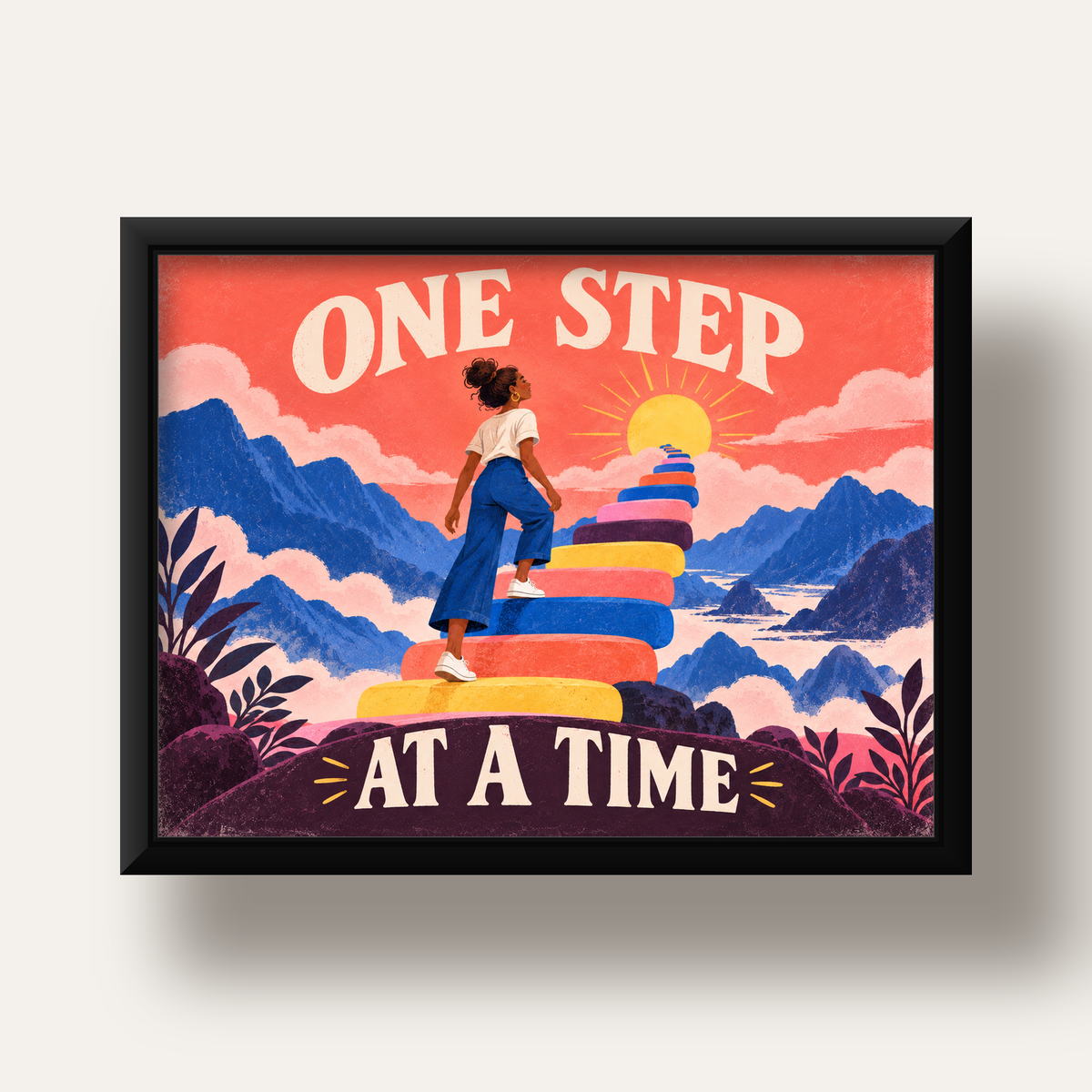 Motivasyonel Merdiven ve Güneş Modern Poster - ONE STEP AT A TIME — siyah derin çerçeveli