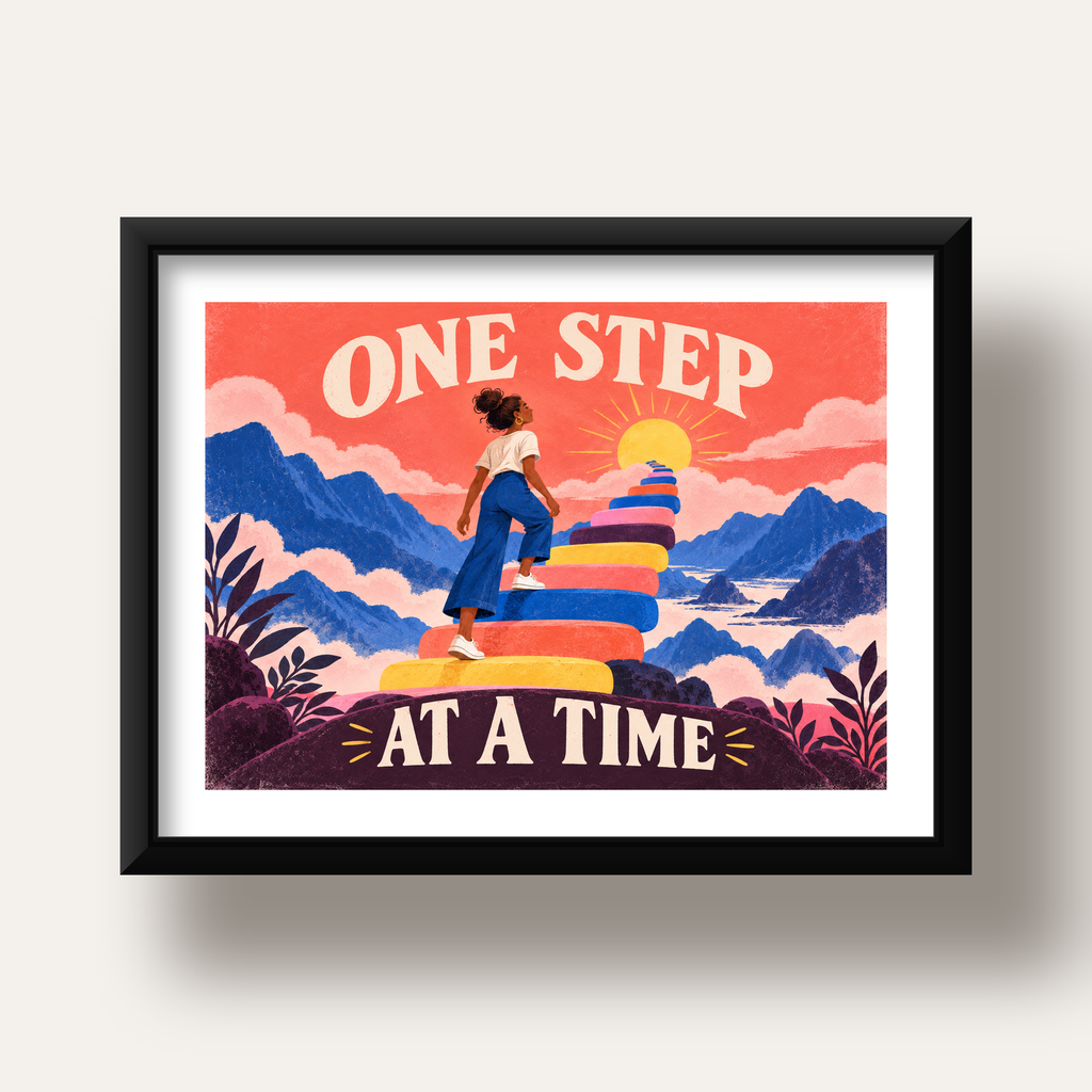 Motivasyonel Merdiven ve Güneş Modern Poster - ONE STEP AT A TIME — siyah derin çerçeveli paspartulu
