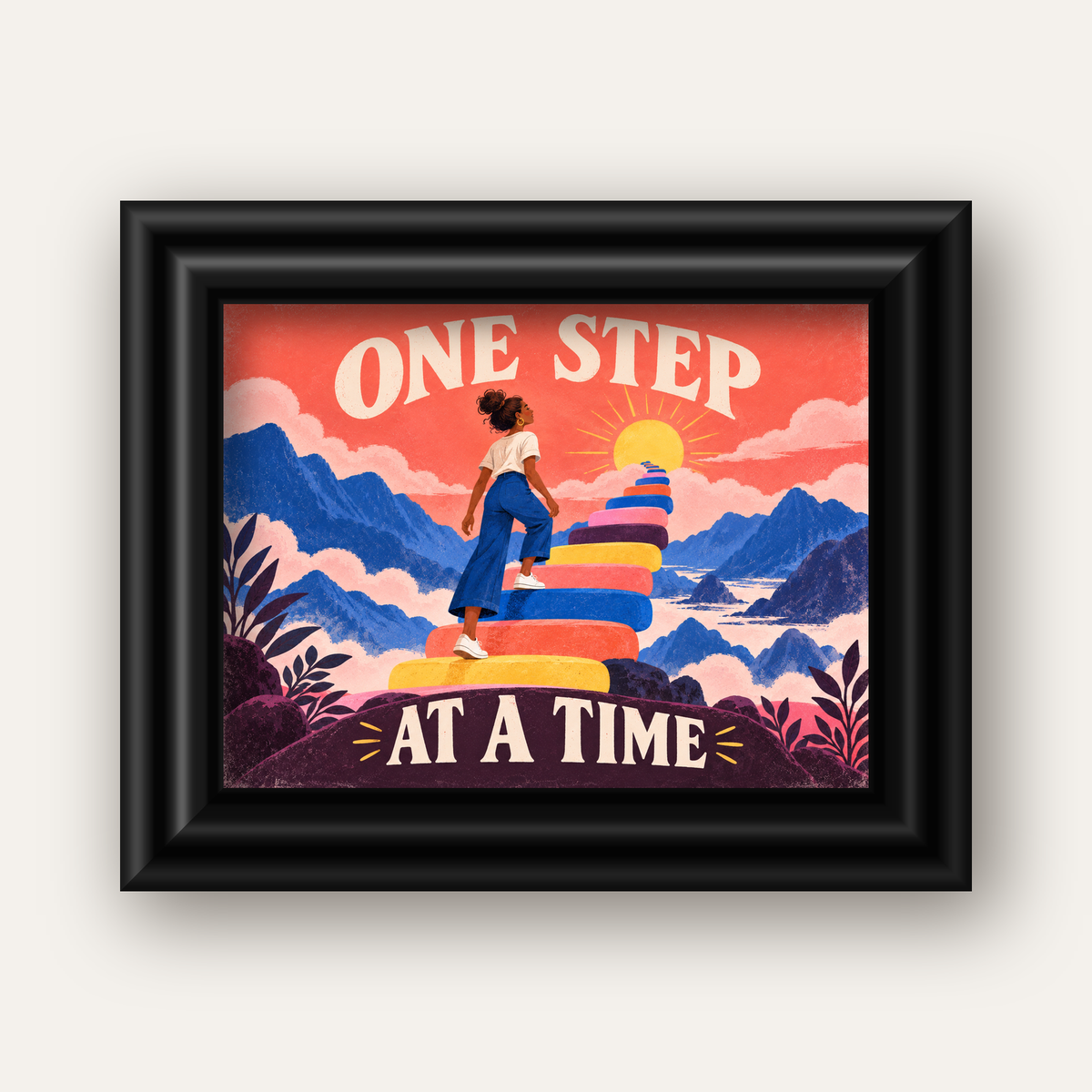 Motivasyonel Merdiven ve Güneş Modern Poster - ONE STEP AT A TIME — siyah galeri çerçeveli