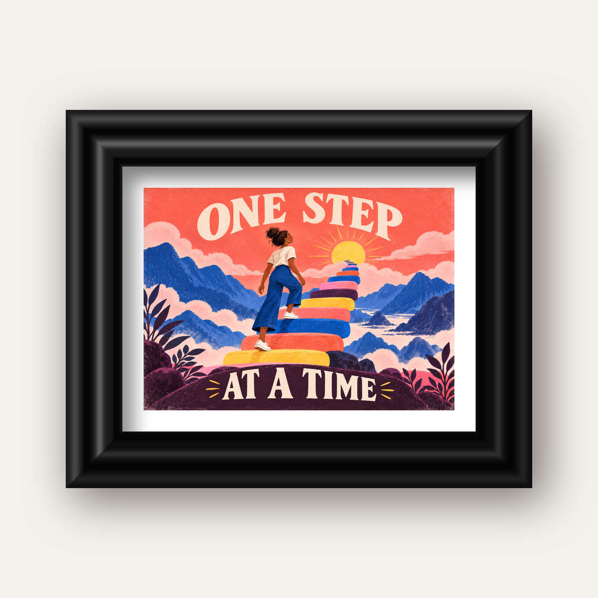 Motivasyonel Merdiven ve Güneş Modern Poster - ONE STEP AT A TIME — siyah galeri çerçeveli paspartulu