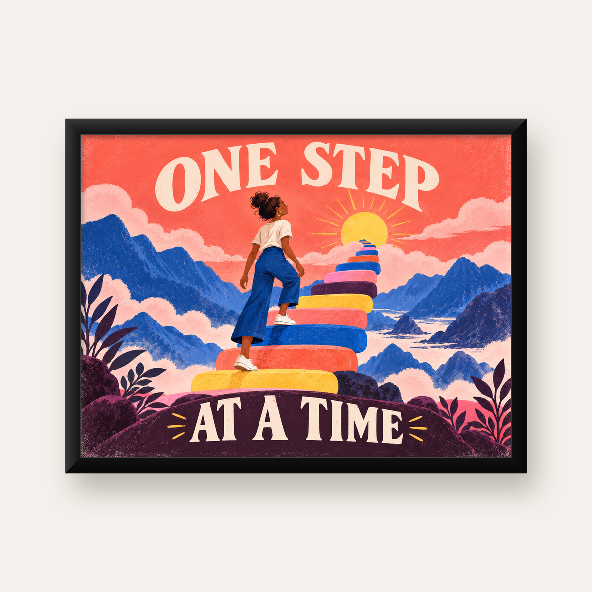 Motivasyonel Merdiven ve Güneş Modern Poster - ONE STEP AT A TIME — Yatay baskı, düz siyah çerçeveli duvar posteri