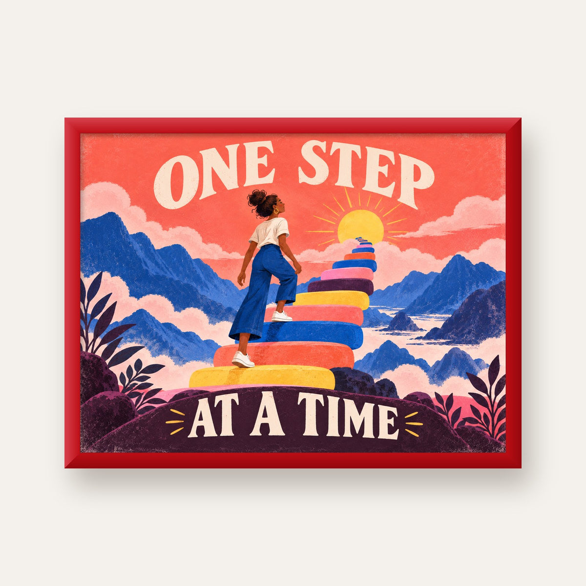 Motivasyonel Merdiven ve Güneş Modern Poster - ONE STEP AT A TIME — kırmızı çerçeveli