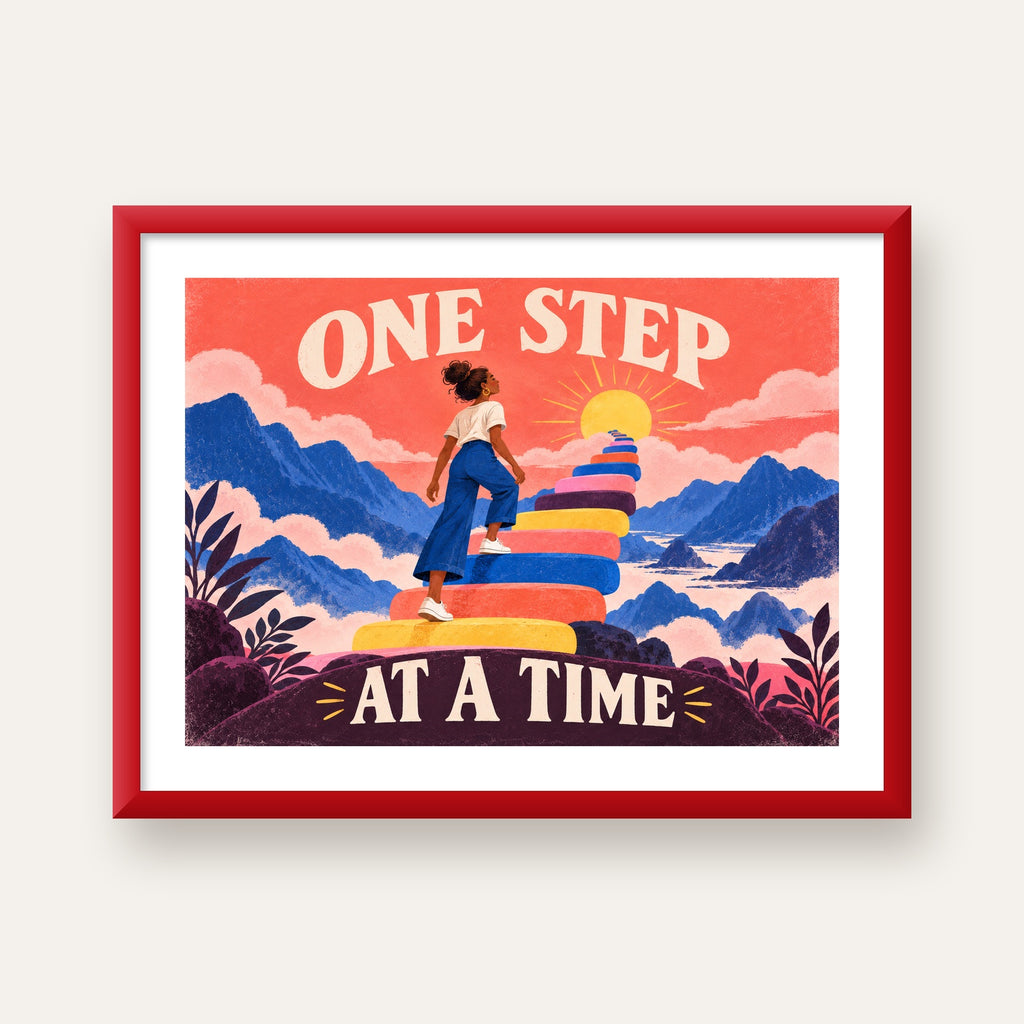 Motivasyonel Merdiven ve Güneş Modern Poster - ONE STEP AT A TIME — kırmızı çerçeveli paspartulu