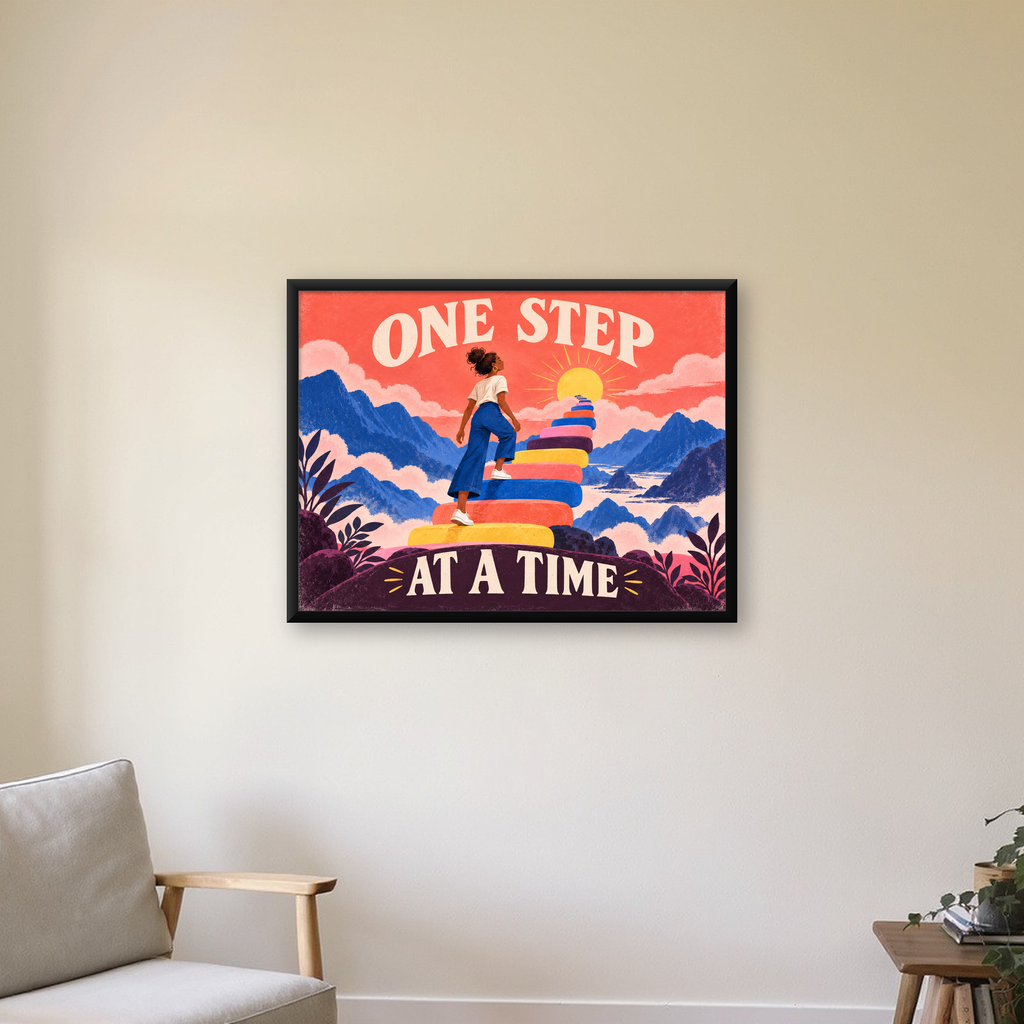Motivasyonel Merdiven ve Güneş Modern Poster - ONE STEP AT A TIME — Yatay baskı, çerçeveli hâliyle bir ev duvarında