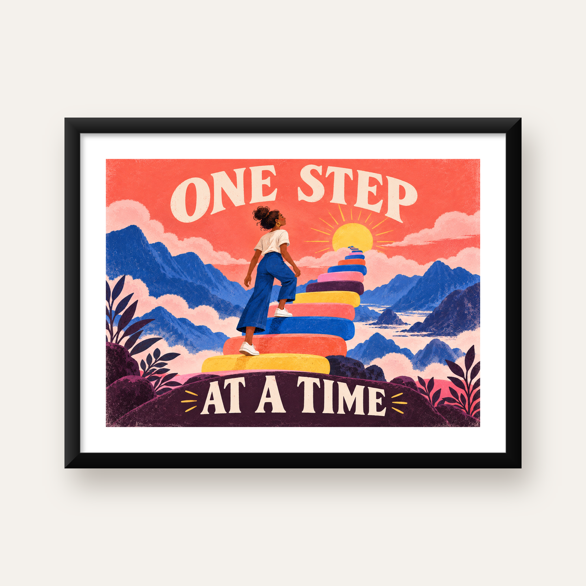 Motivasyonel Merdiven ve Güneş Modern Poster - ONE STEP AT A TIME — Yatay baskı, beyaz paspartulu