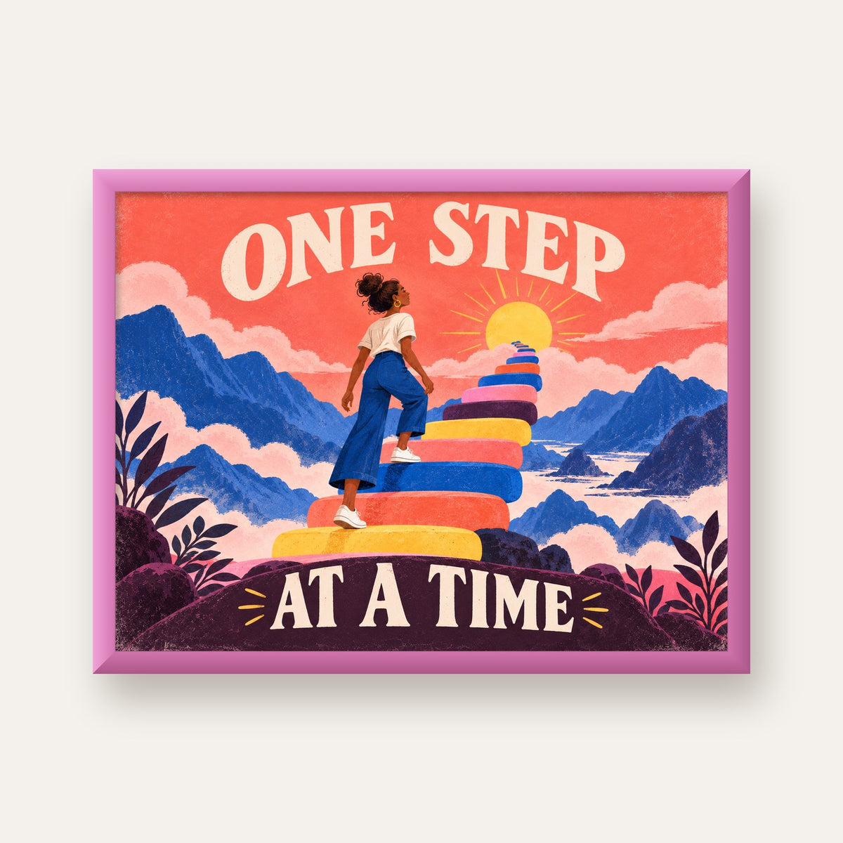 Motivasyonel Merdiven ve Güneş Modern Poster - ONE STEP AT A TIME — pembe çerçeveli