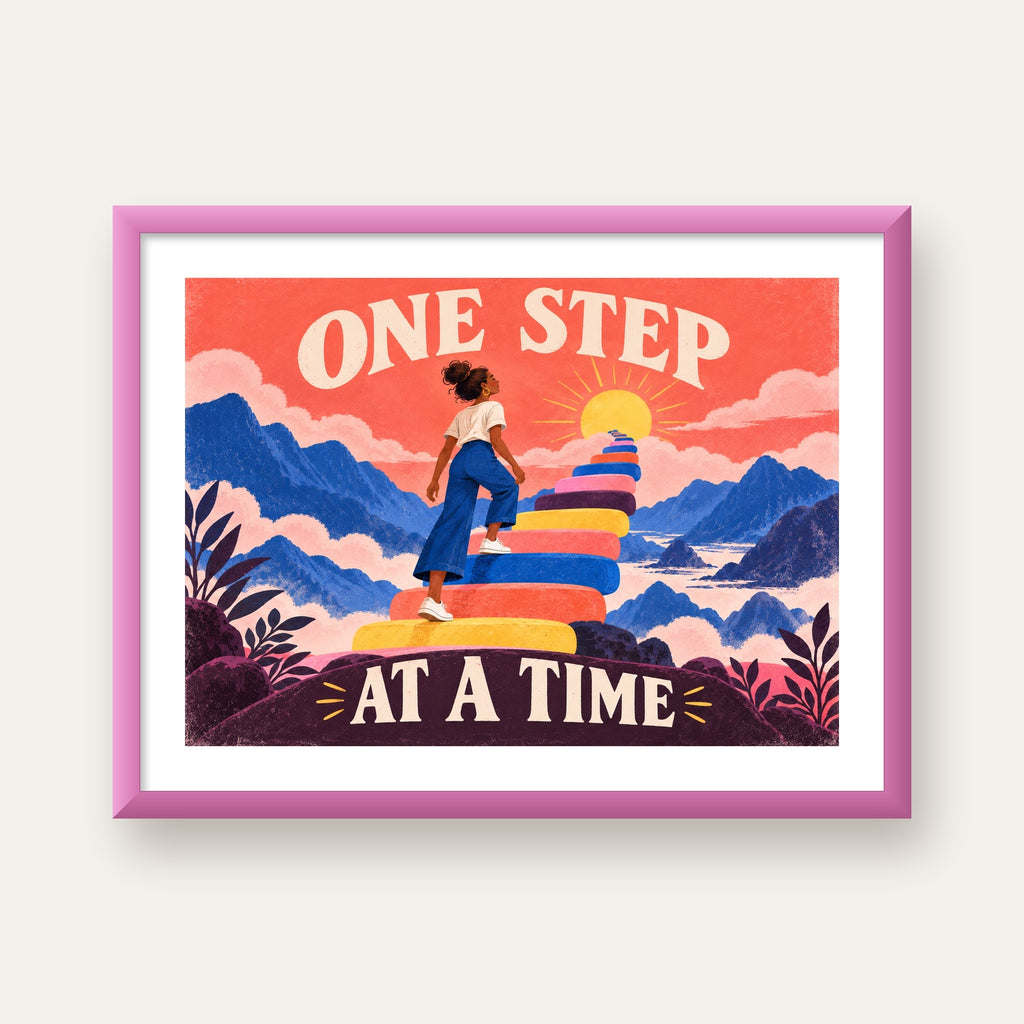 Motivasyonel Merdiven ve Güneş Modern Poster - ONE STEP AT A TIME — pembe çerçeveli paspartulu