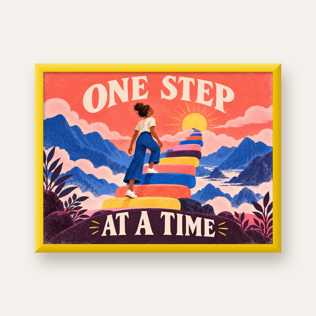 Motivasyonel Merdiven ve Güneş Modern Poster - ONE STEP AT A TIME — sarı çerçeveli