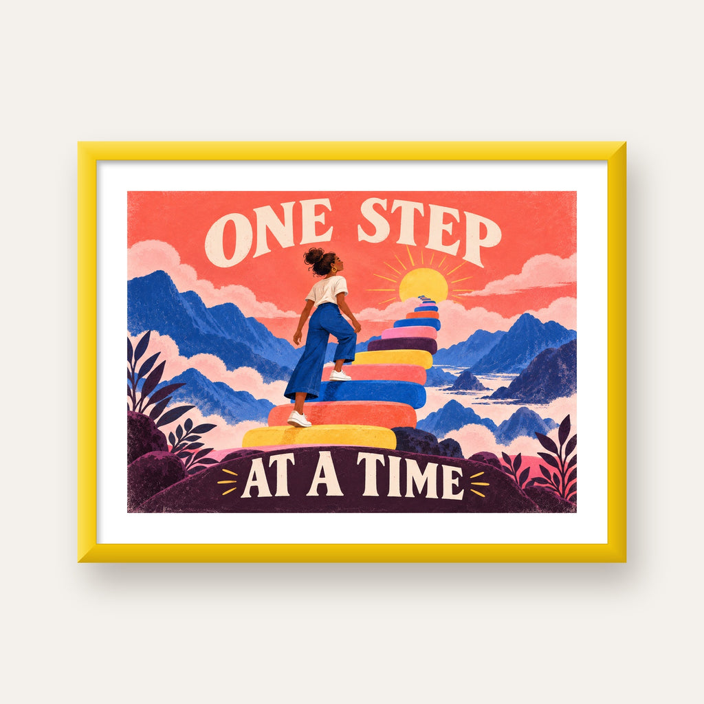 Motivasyonel Merdiven ve Güneş Modern Poster - ONE STEP AT A TIME — sarı çerçeveli paspartulu