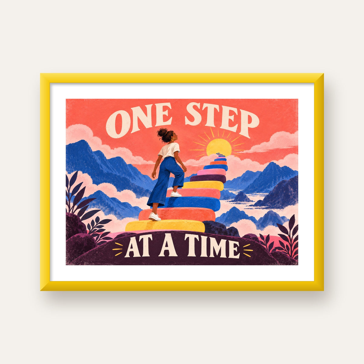 Motivasyonel Merdiven ve Güneş Modern Poster - ONE STEP AT A TIME — sarı çerçeveli paspartulu