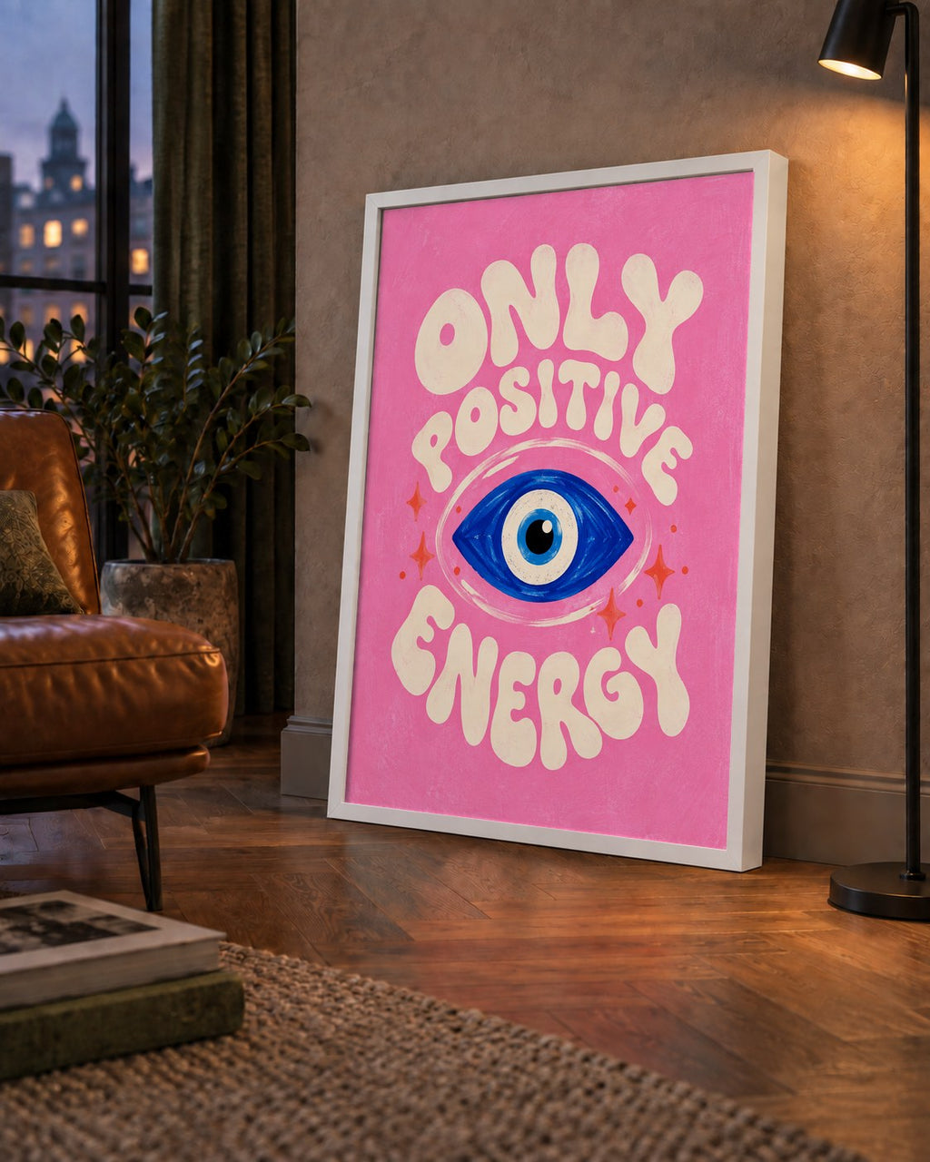Only Positive Energy Nazar Boncuklu Poster — çerçeveli hâliyle bir ev duvarında