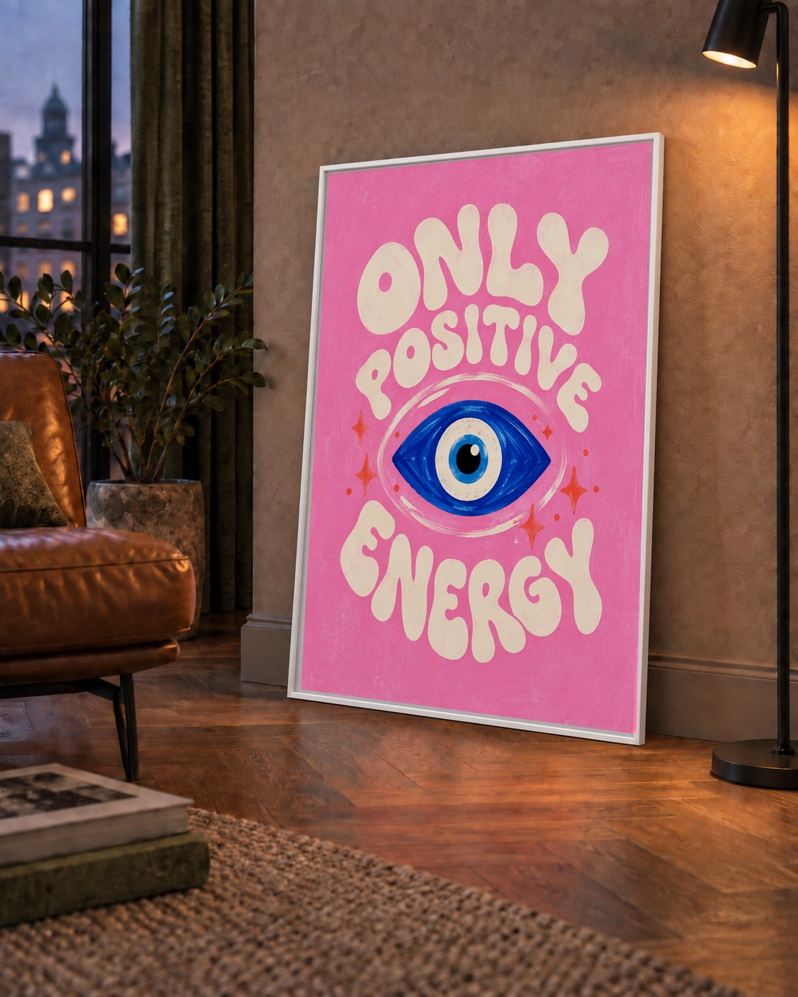 Only Positive Energy Nazar Boncuklu Poster — çerçeveli hâliyle bir ev duvarında