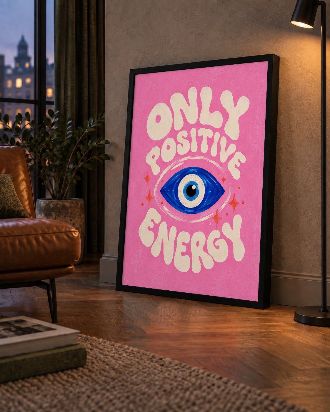 Only Positive Energy Nazar Boncuklu Poster — çerçeveli hâliyle bir ev duvarında