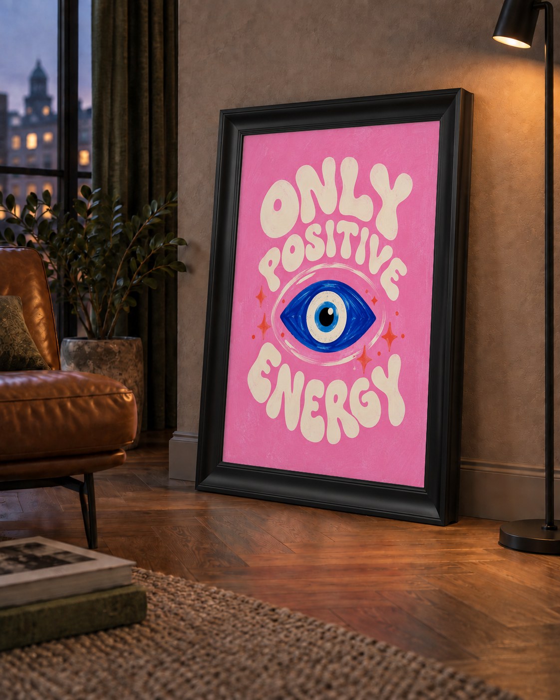 Only Positive Energy Nazar Boncuklu Poster — çerçeveli hâliyle bir ev duvarında