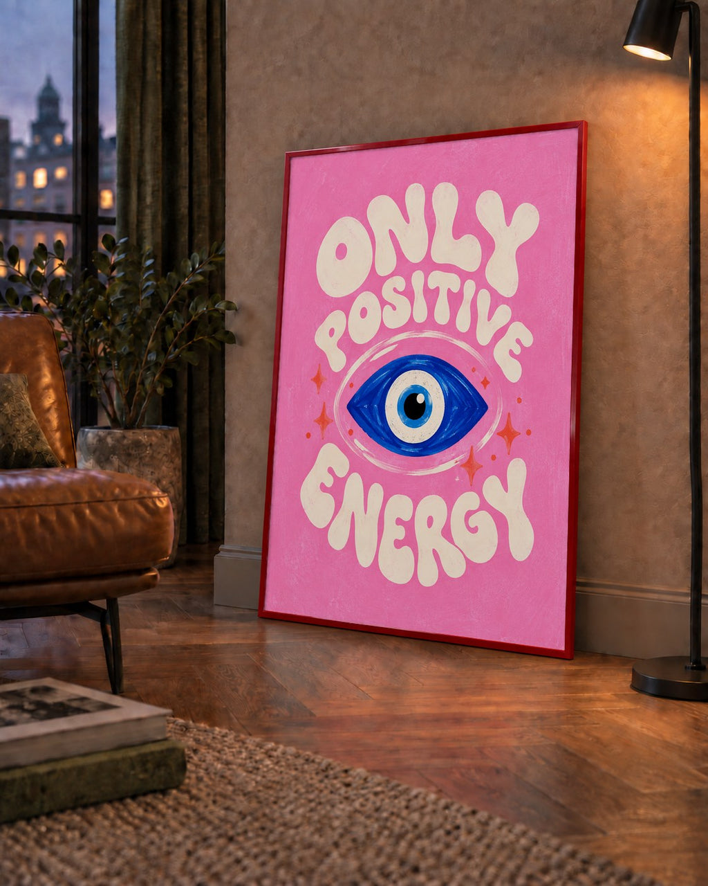 Only Positive Energy Nazar Boncuklu Poster — çerçeveli hâliyle bir ev duvarında