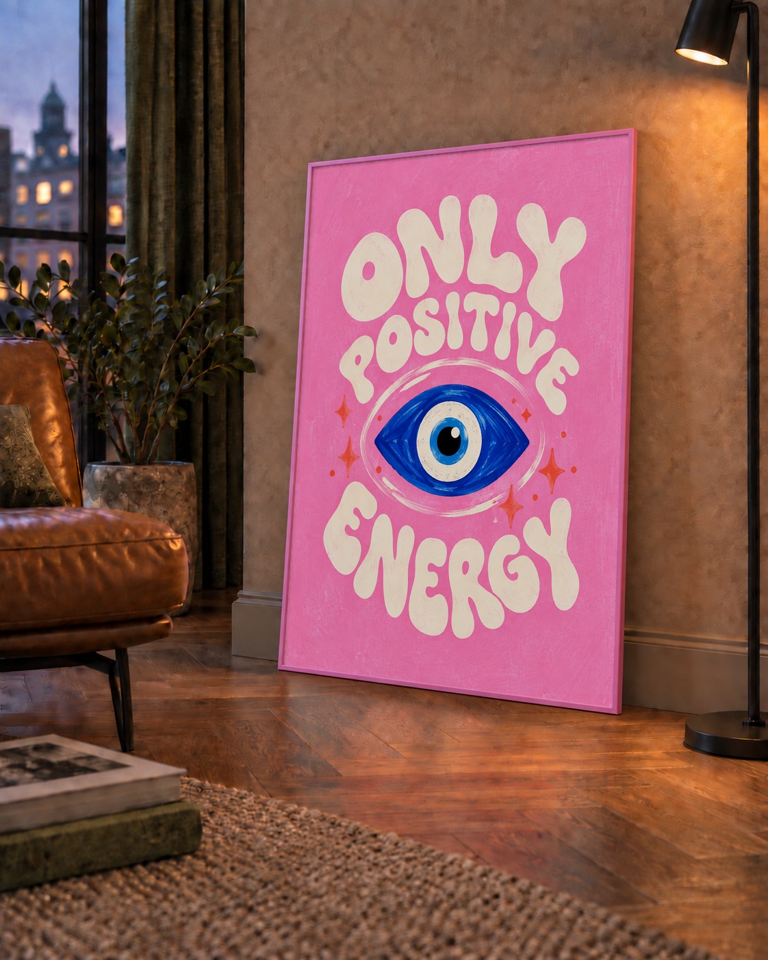 Only Positive Energy Nazar Boncuklu Poster — çerçeveli hâliyle bir ev duvarında