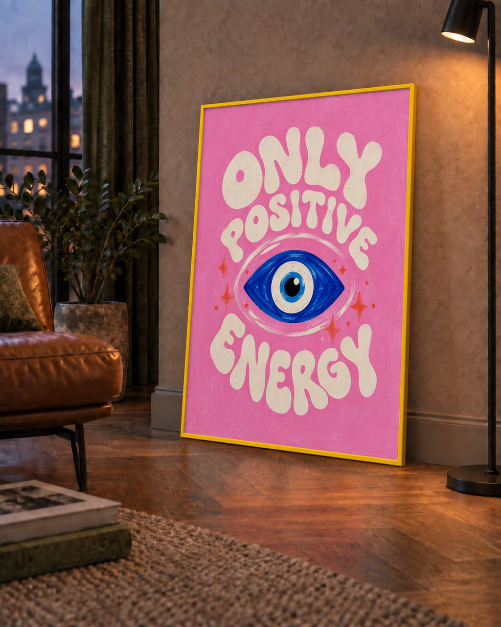 Only Positive Energy Nazar Boncuklu Poster — çerçeveli hâliyle bir ev duvarında