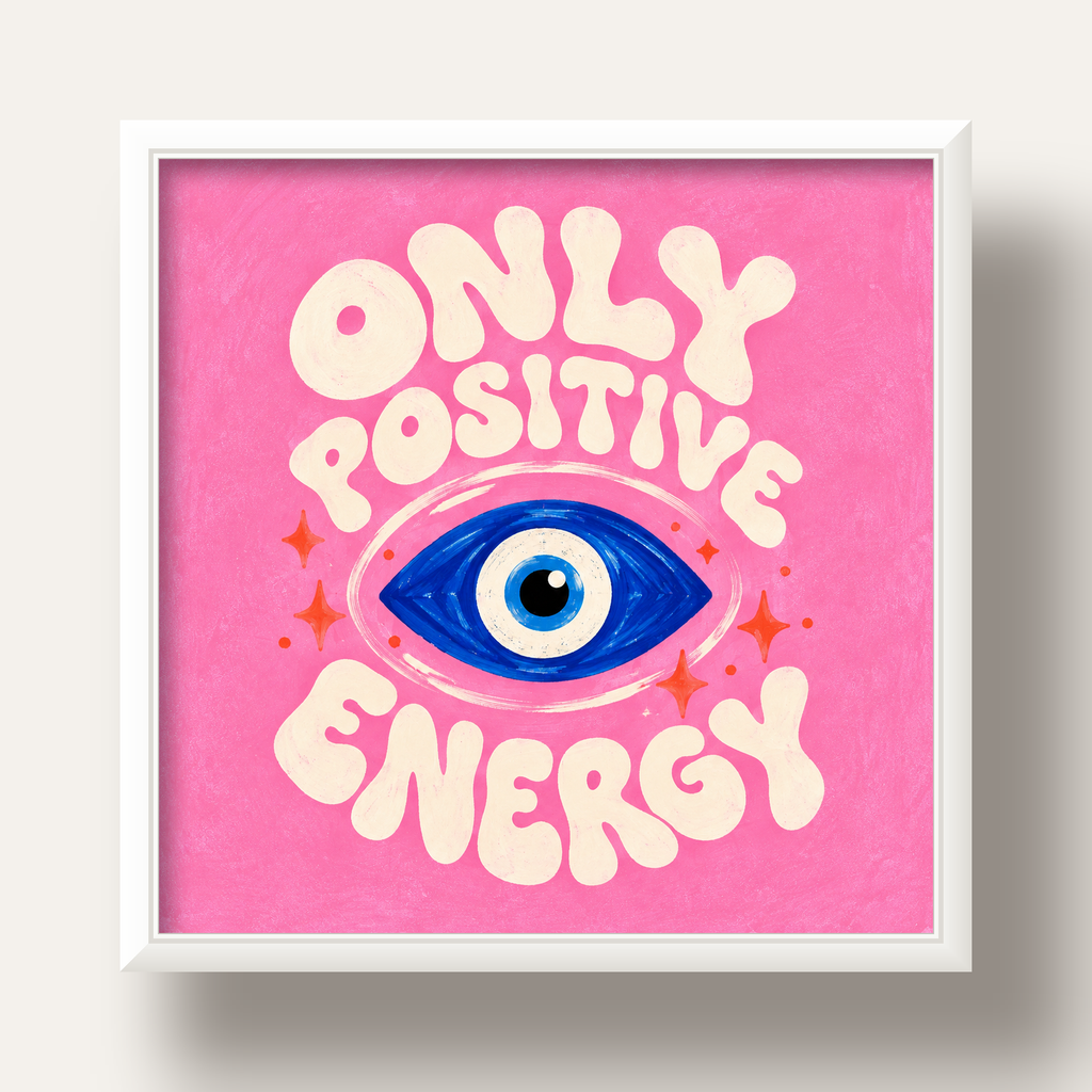 Only Positive Energy Nazar Boncuklu Poster — beyaz derin çerçeveli