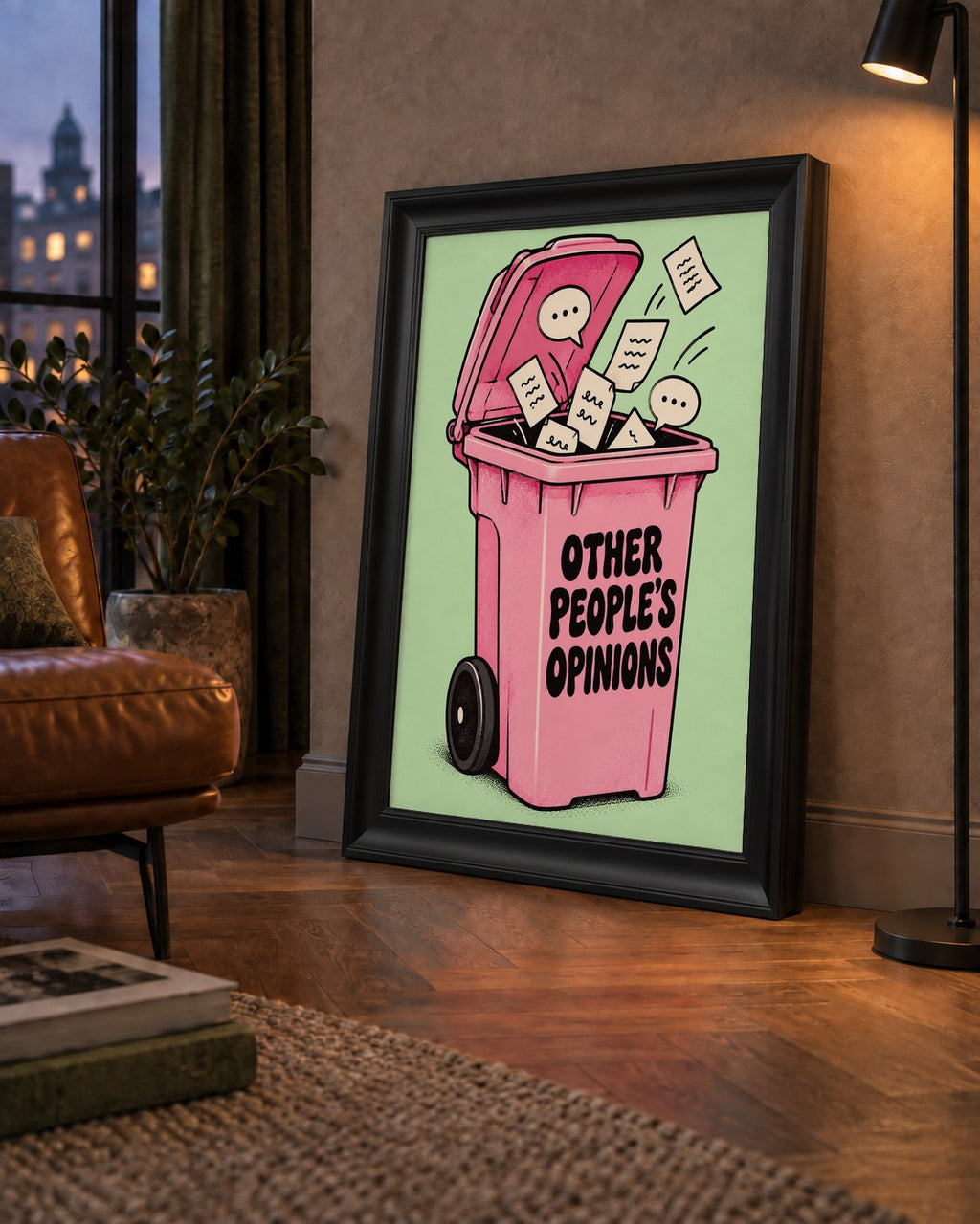 Other People's Opinions — Çöp Kutusu — çerçeveli hâliyle bir ev duvarında