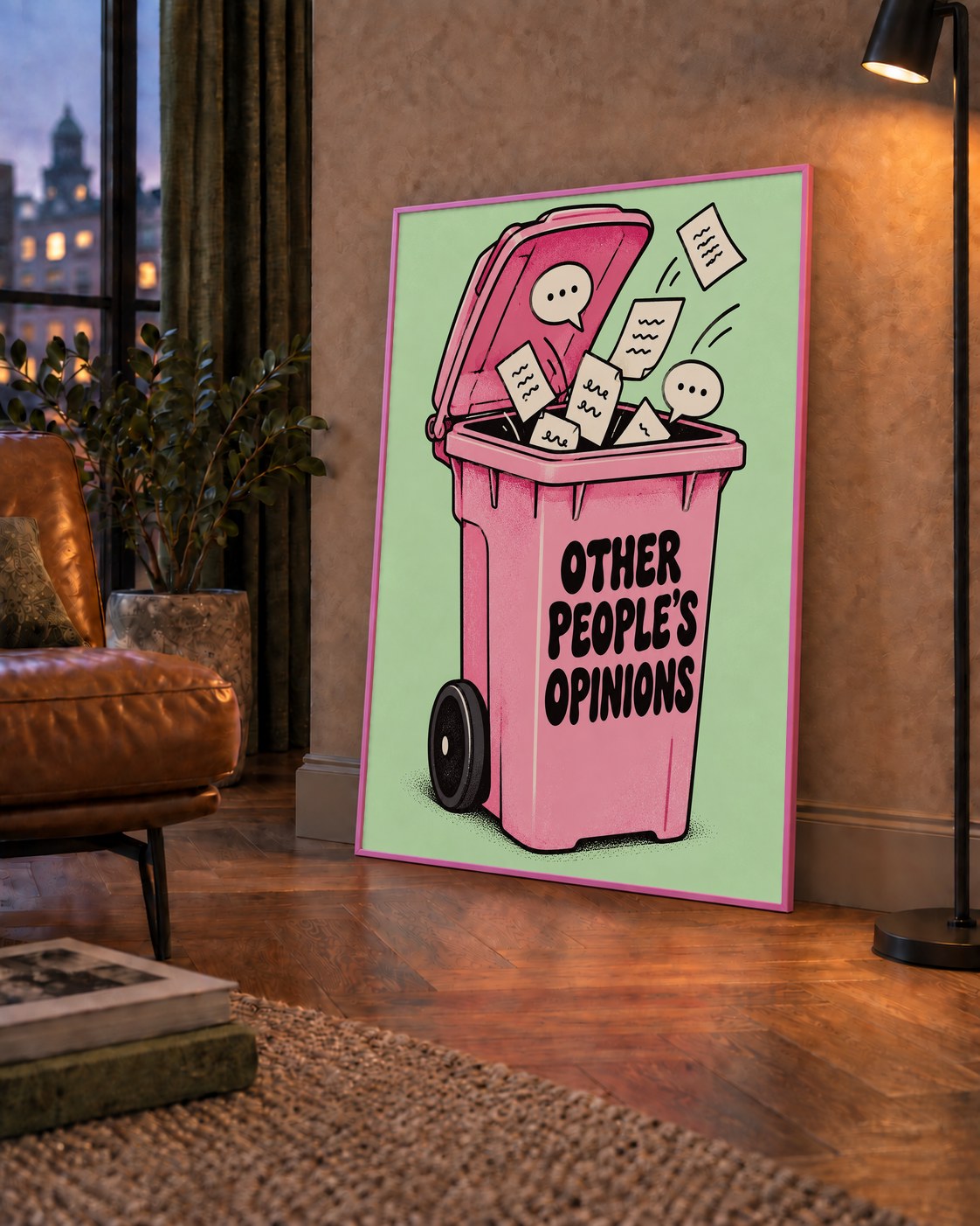 Other People's Opinions — Çöp Kutusu — çerçeveli hâliyle bir ev duvarında