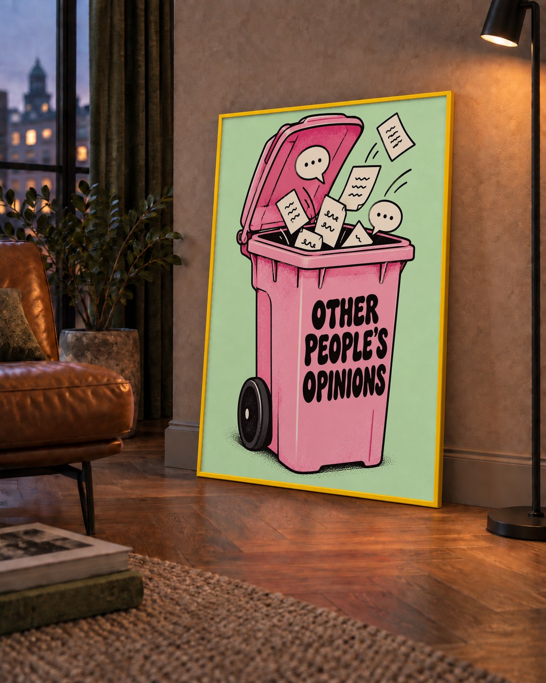 Other People's Opinions — Çöp Kutusu — çerçeveli hâliyle bir ev duvarında