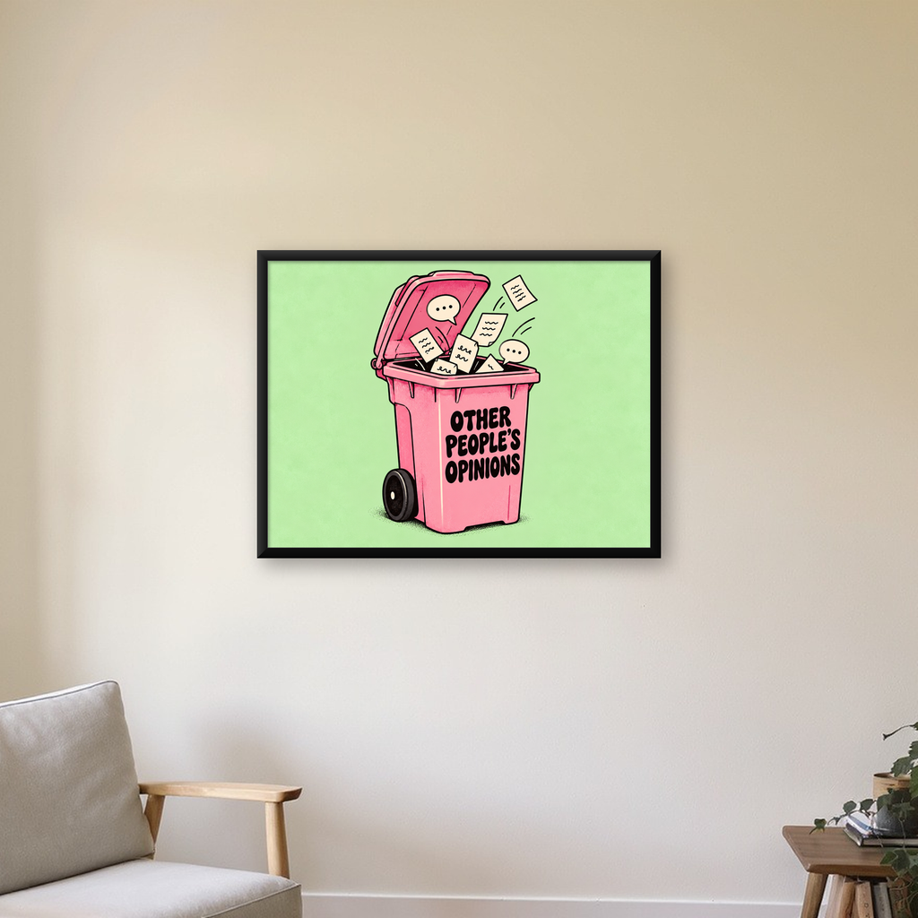 Other People’s Opinions Poster – Mizahi Motive Duvar Sanatı — Yatay baskı, çerçeveli hâliyle bir ev duvarında