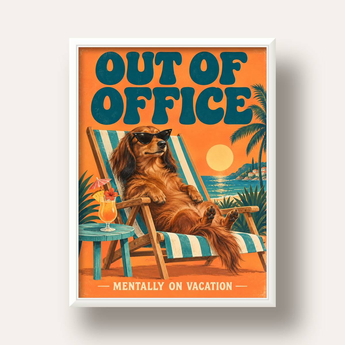 Retro Tatilci Köpek Poster – Plajda 'Out of Office' Dekoru — beyaz derin çerçeveli