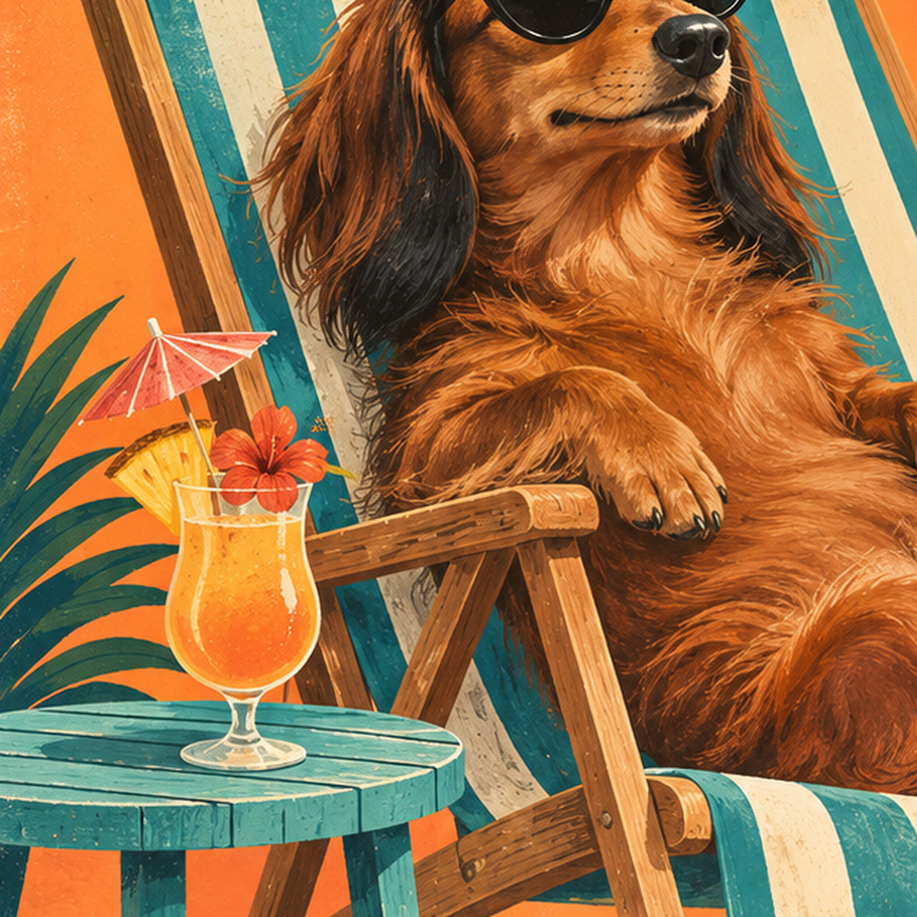 Retro Tatilci Köpek Poster – Plajda 'Out of Office' Dekoru — baskının yakın çekimi, kâğıt dokusu ve renk detayı