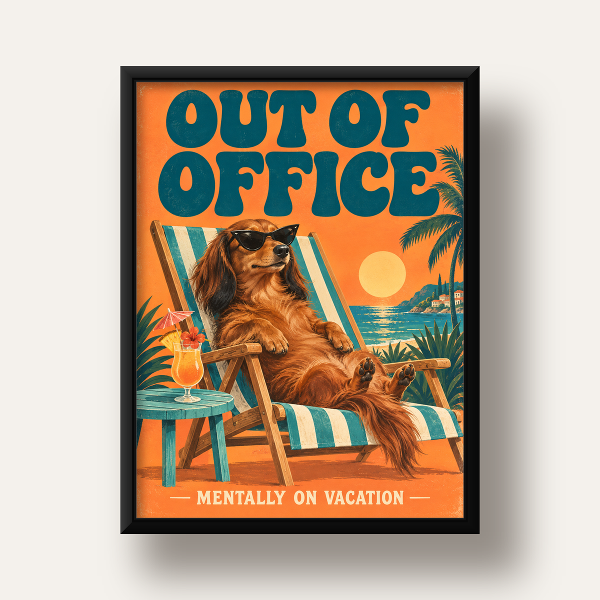 Retro Tatilci Köpek Poster – Plajda 'Out of Office' Dekoru — siyah derin çerçeveli