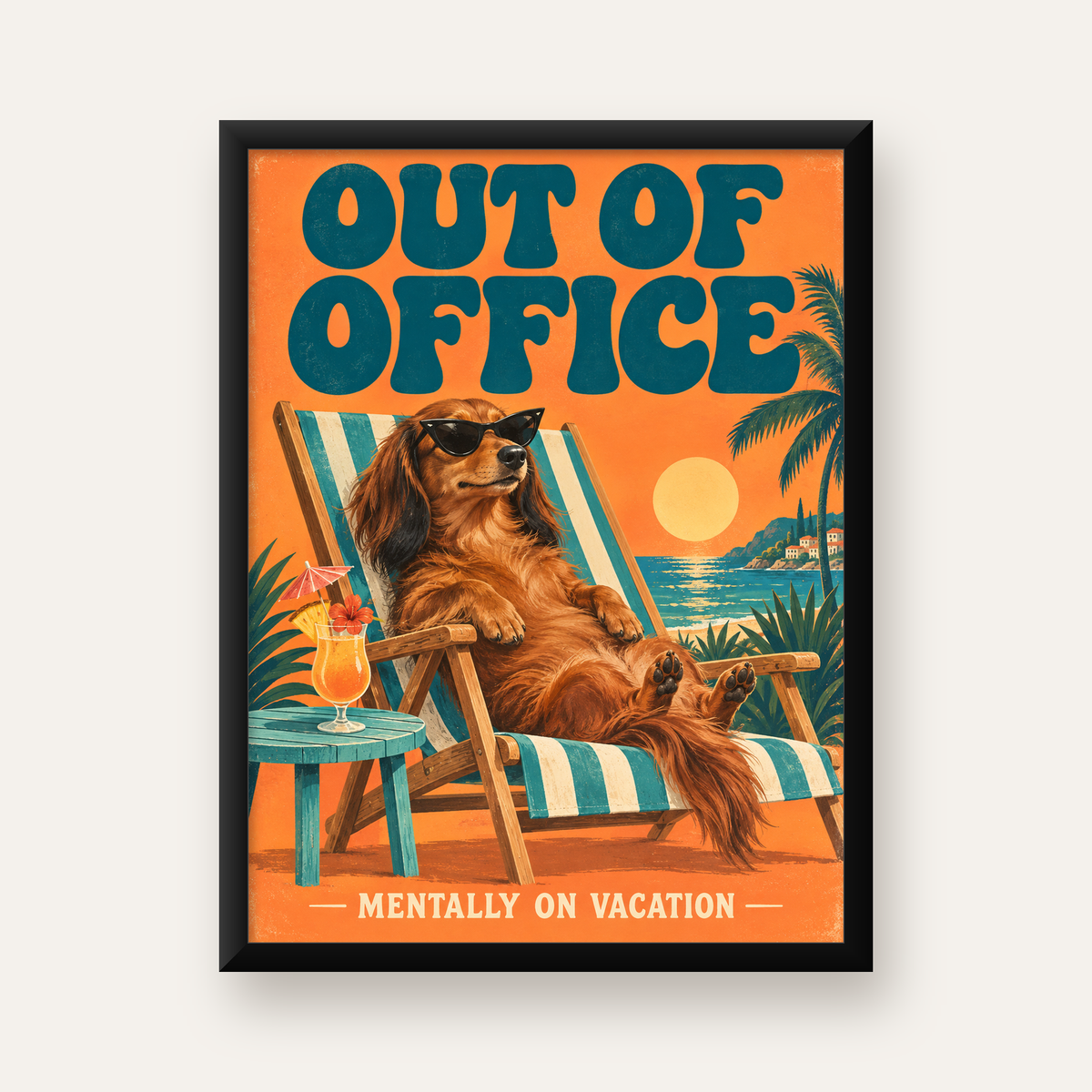 Retro Tatilci Köpek Poster – Plajda 'Out of Office' Dekoru — Dikey baskı, düz siyah çerçeveli duvar posteri
