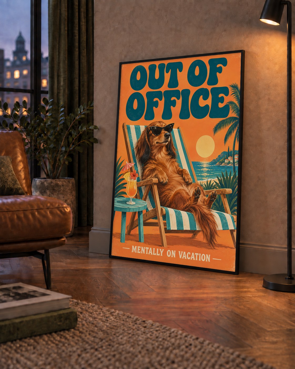 Retro Tatilci Köpek Poster – Plajda 'Out of Office' Dekoru — çerçeveli hâliyle bir ev duvarında