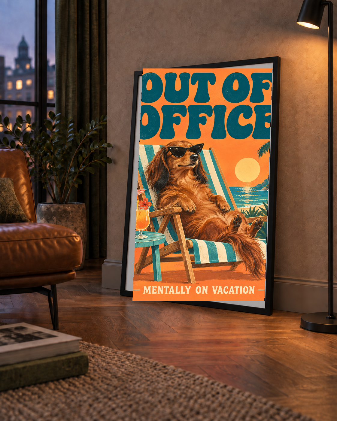 Retro Tatilci Köpek Poster – Plajda 'Out of Office' Dekoru