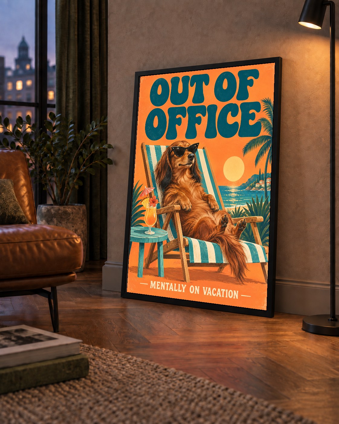 Retro Tatilci Köpek Poster – Plajda 'Out of Office' Dekoru