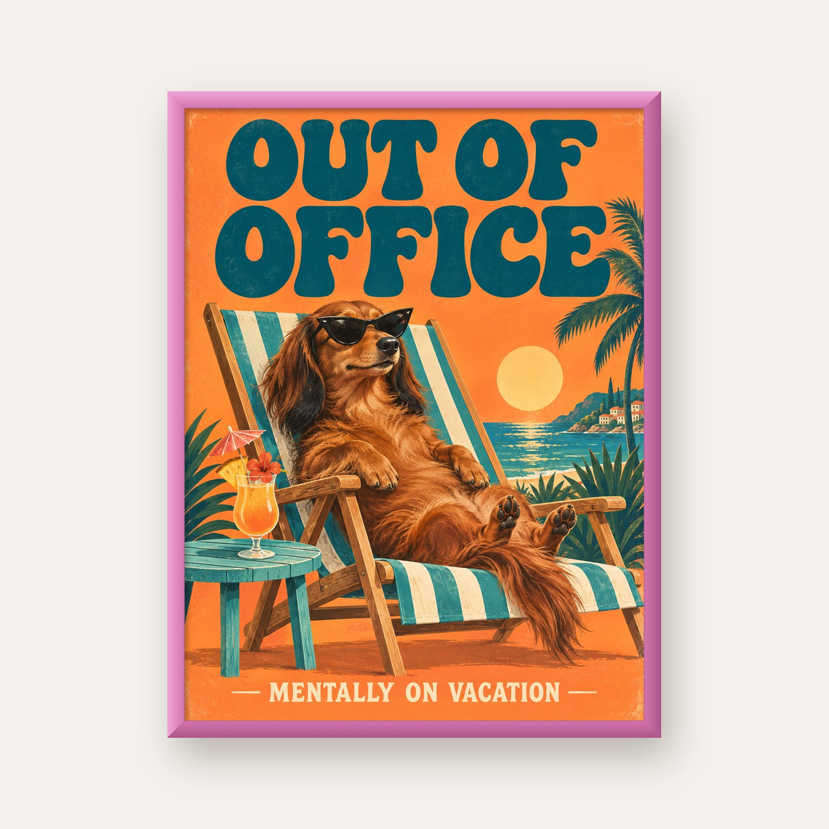 Retro Tatilci Köpek Poster – Plajda 'Out of Office' Dekoru — pembe çerçeveli
