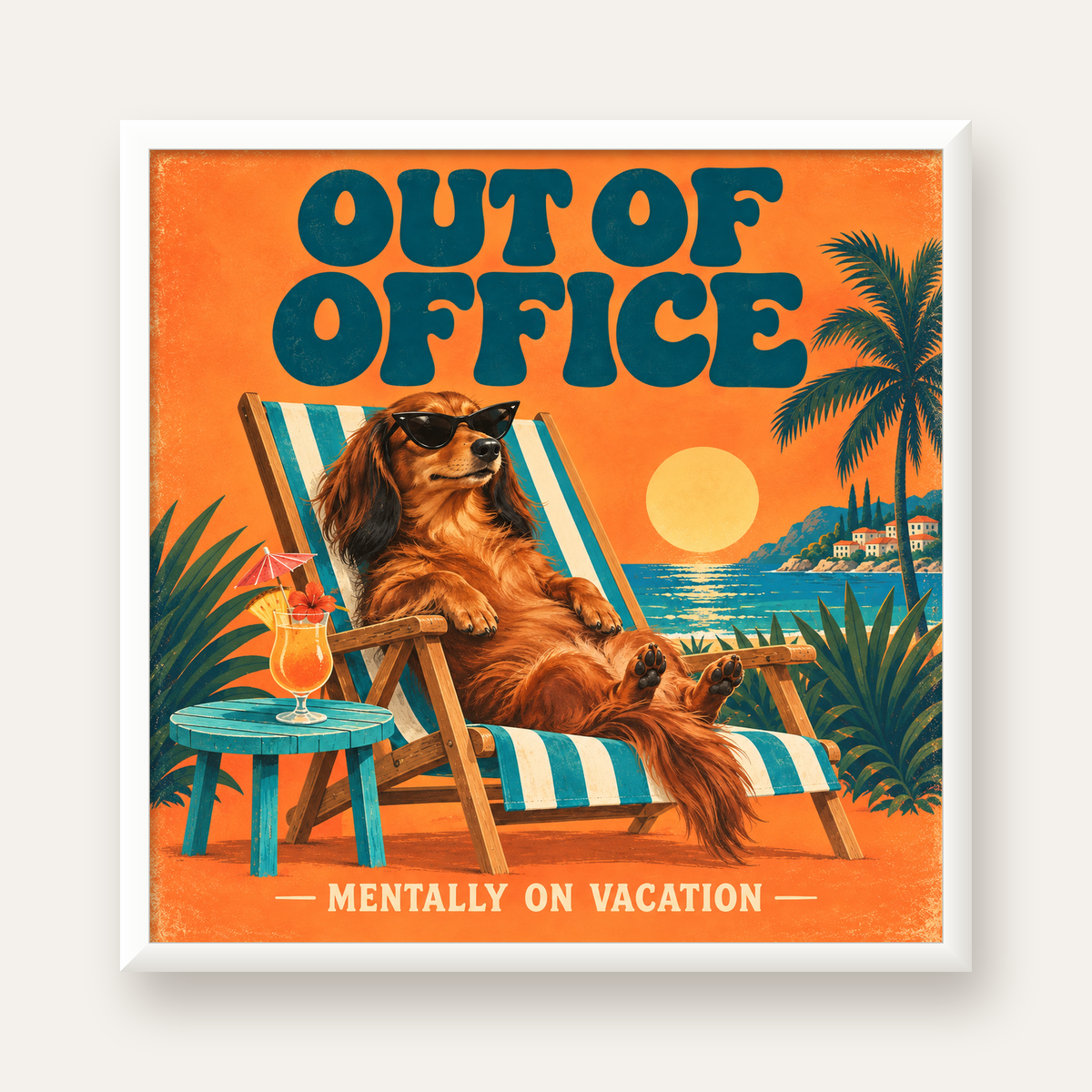 Retro Tatilci Köpek Poster – Plajda 'Out of Office' Dekoru — beyaz çerçeveli kare poster