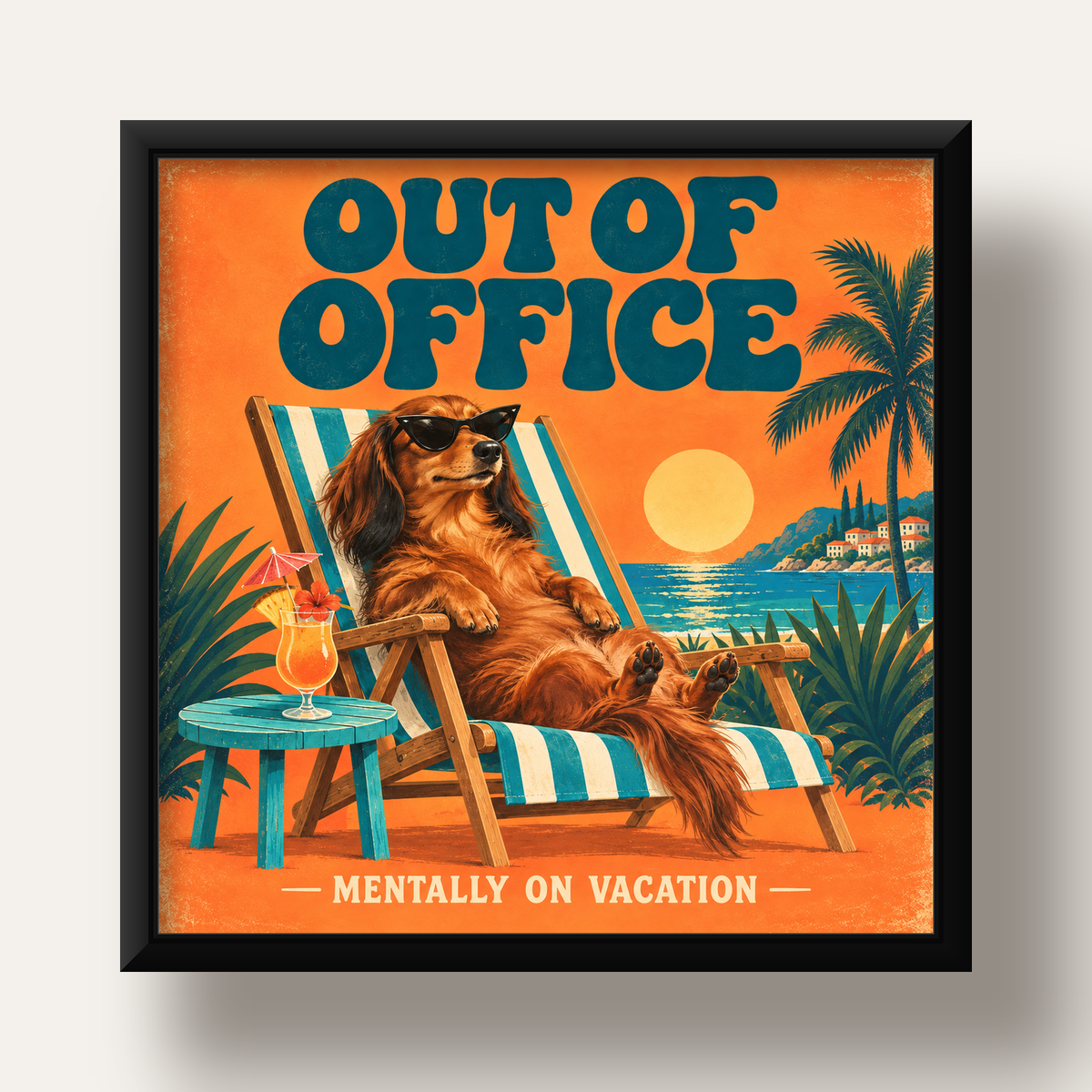 Retro Tatilci Köpek Poster – Plajda 'Out of Office' Dekoru — siyah derin çerçeveli